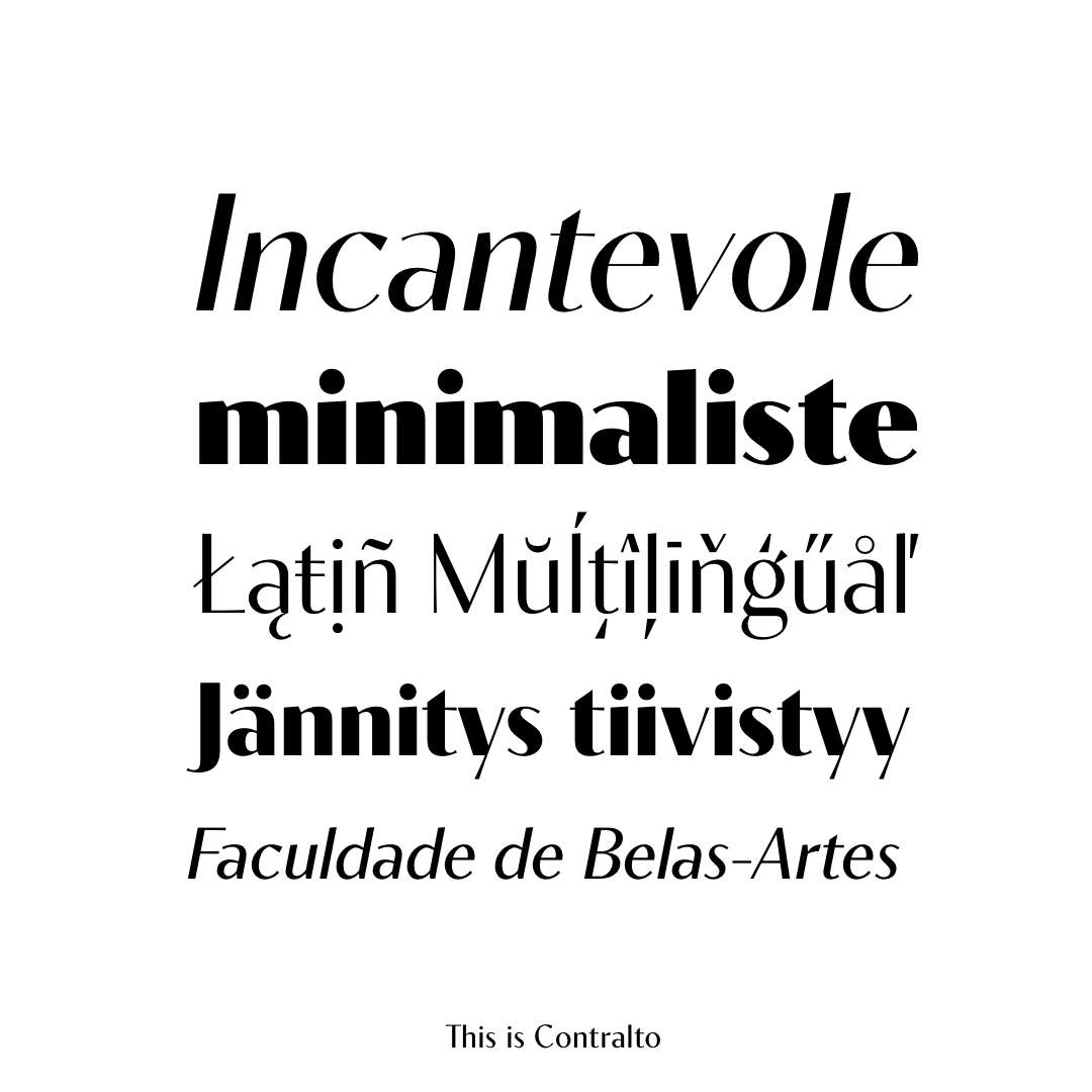Specimen of the high contrast contemporary sans-serif Contralto font