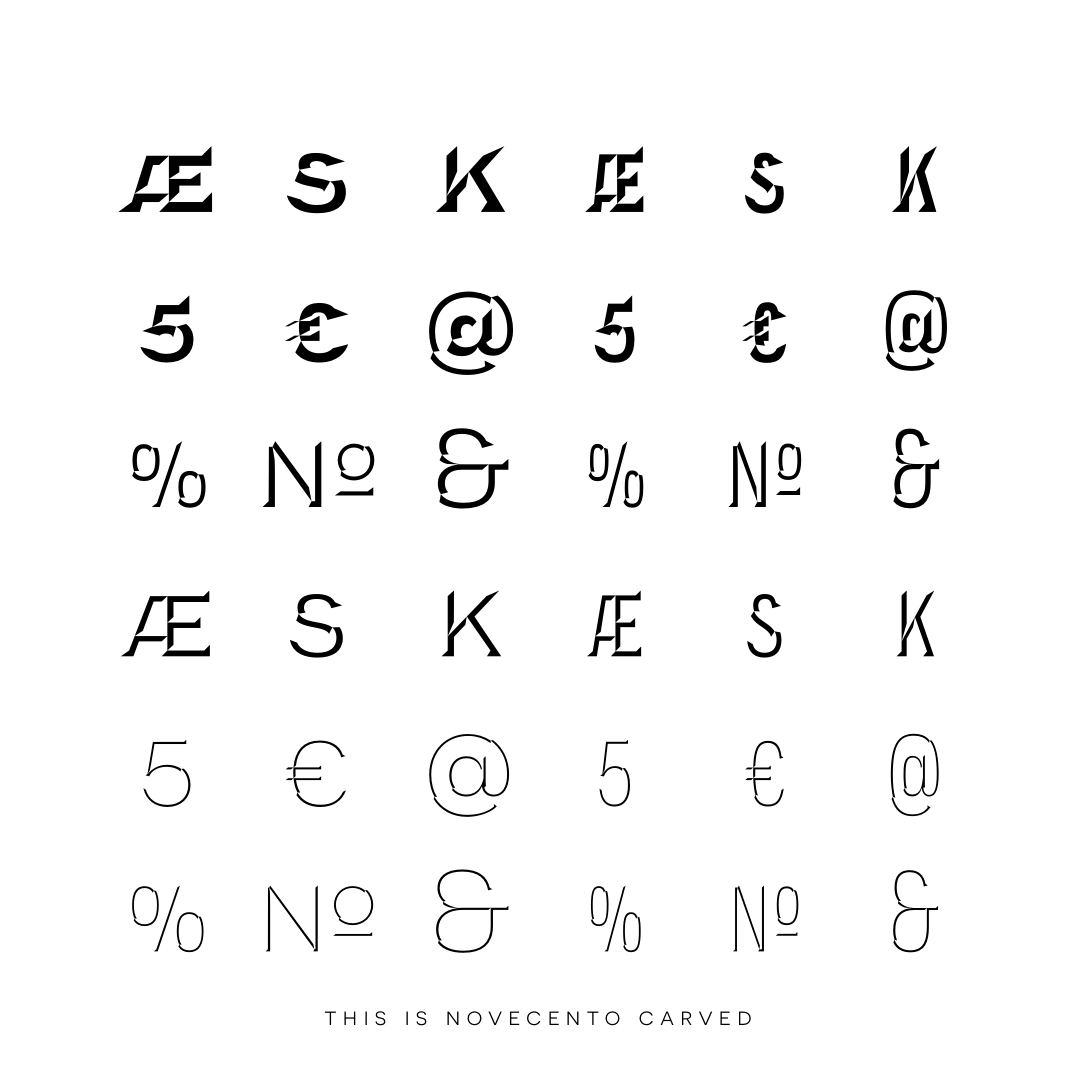 Novecento Carved – engraved-style display font specimen. To be used as a layer above Novecento Sans.