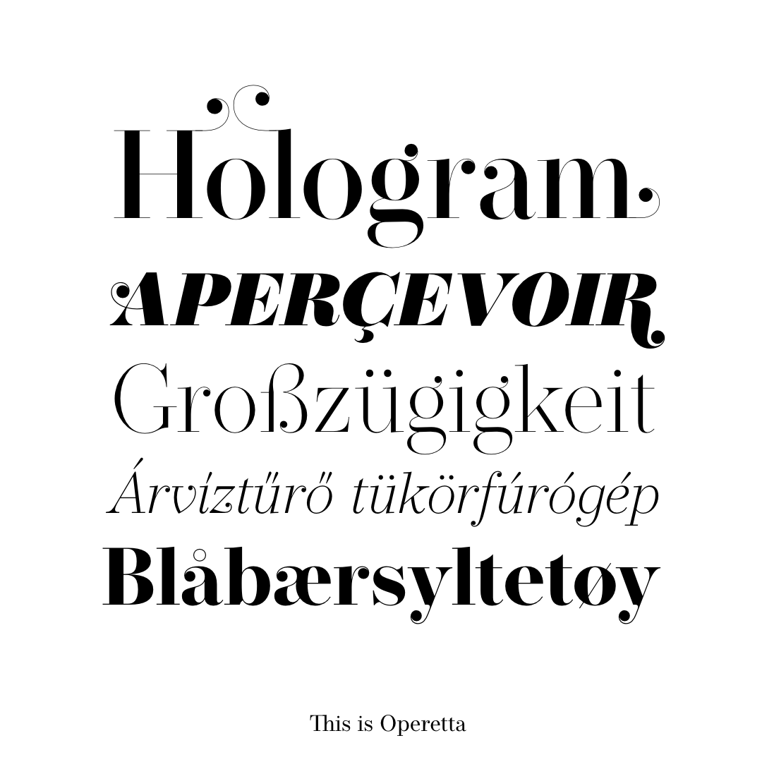 sophisticated didone serif font from extralight to black styles, 5 optical sizes. Exemples of swashes
