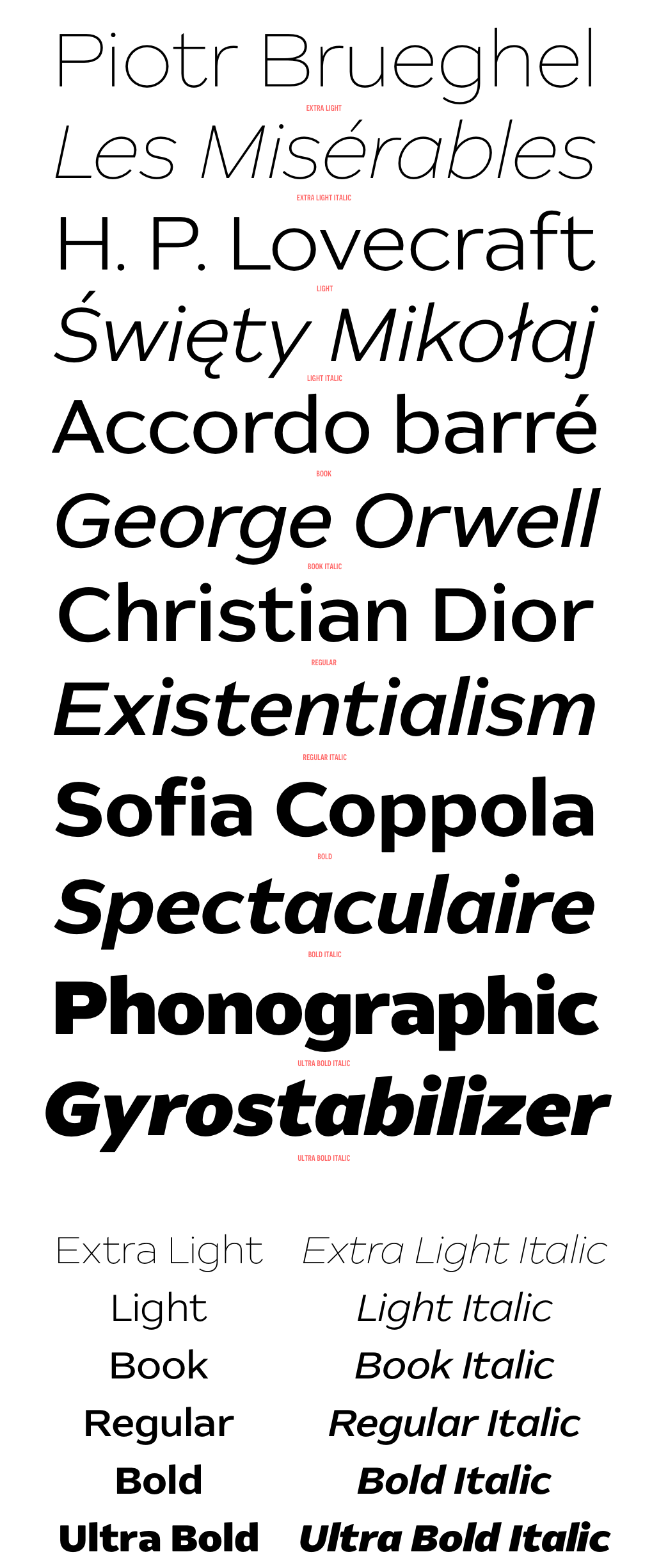 specimen with weights examples: extra light, extra light italic, light, light italic, book, book italic, regular, regular italic, bold, bold italic, ultra bold, ultra bold italic.