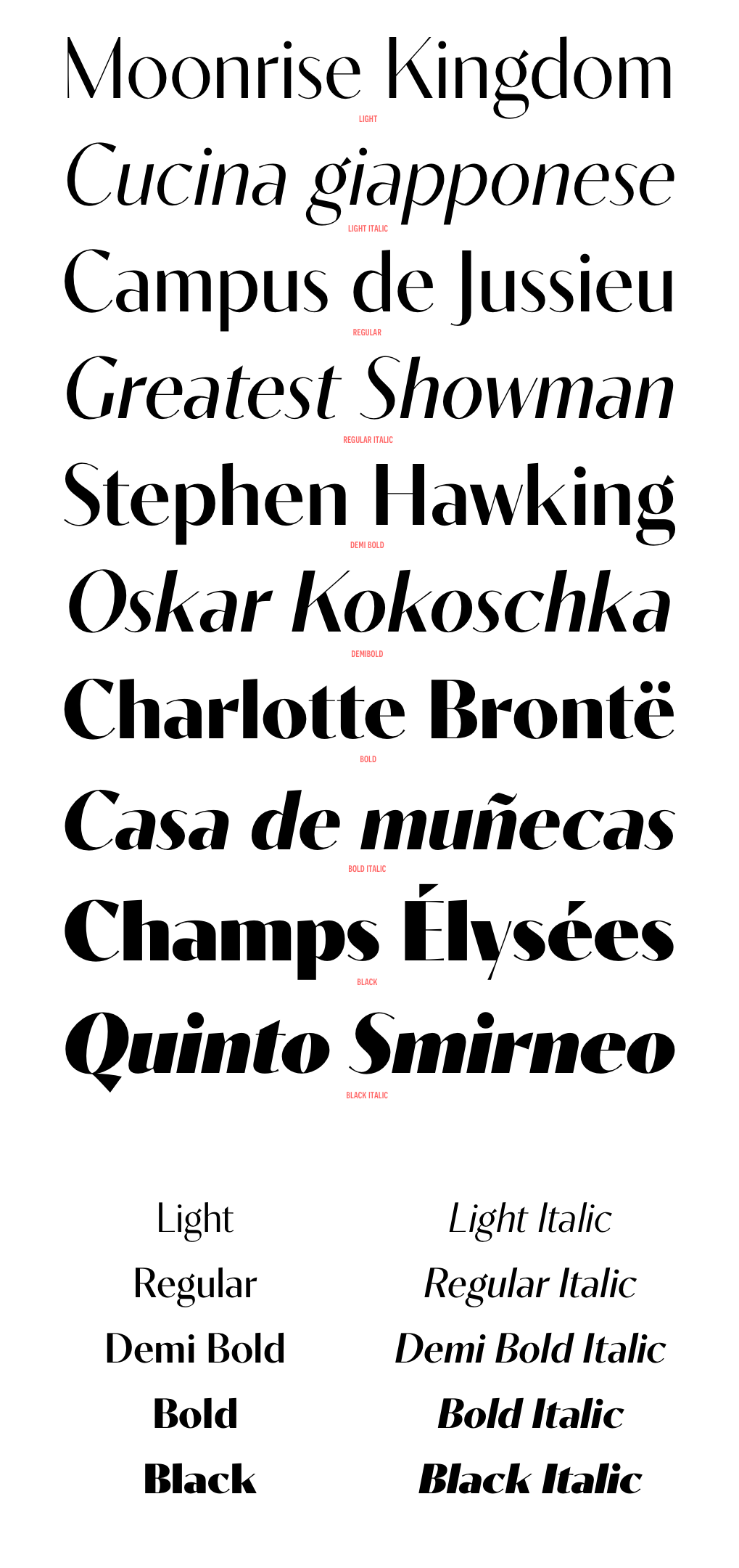 specimen with weights examples: light, light italic, regular, regular italic, demibold, demibold italic, bold, bold italic, black, black italic.