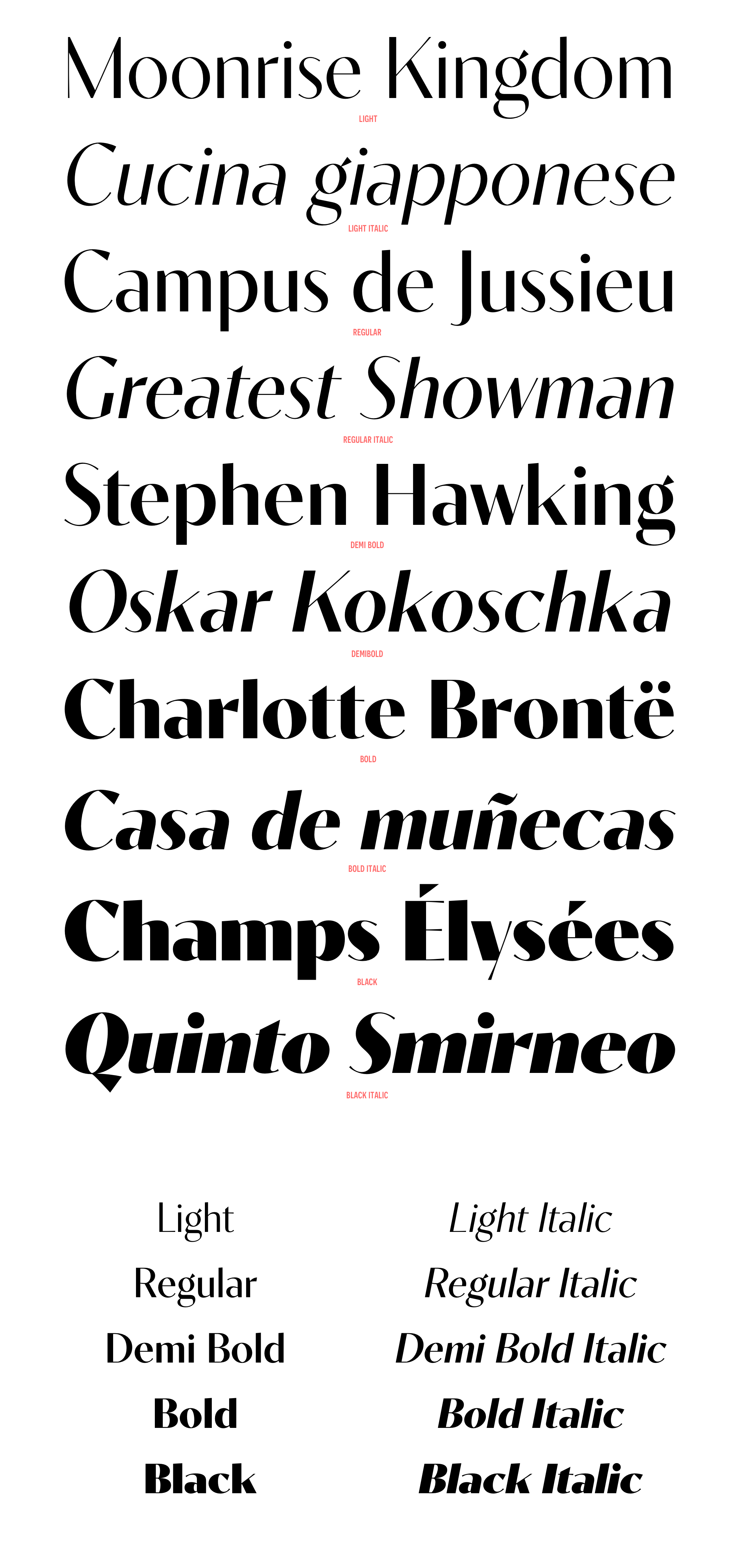Contralto, an elegant high contrast Sansserif font. 5 weights with italics × 4 optical sizes