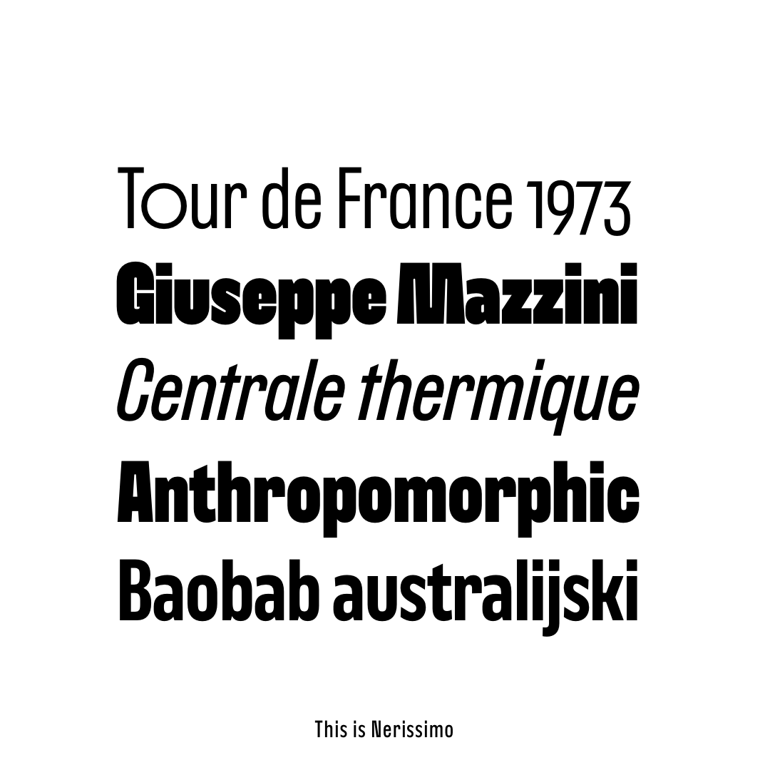 specimen showing Nerissimo font in sentence case and some alternate characters (stylistic styles)