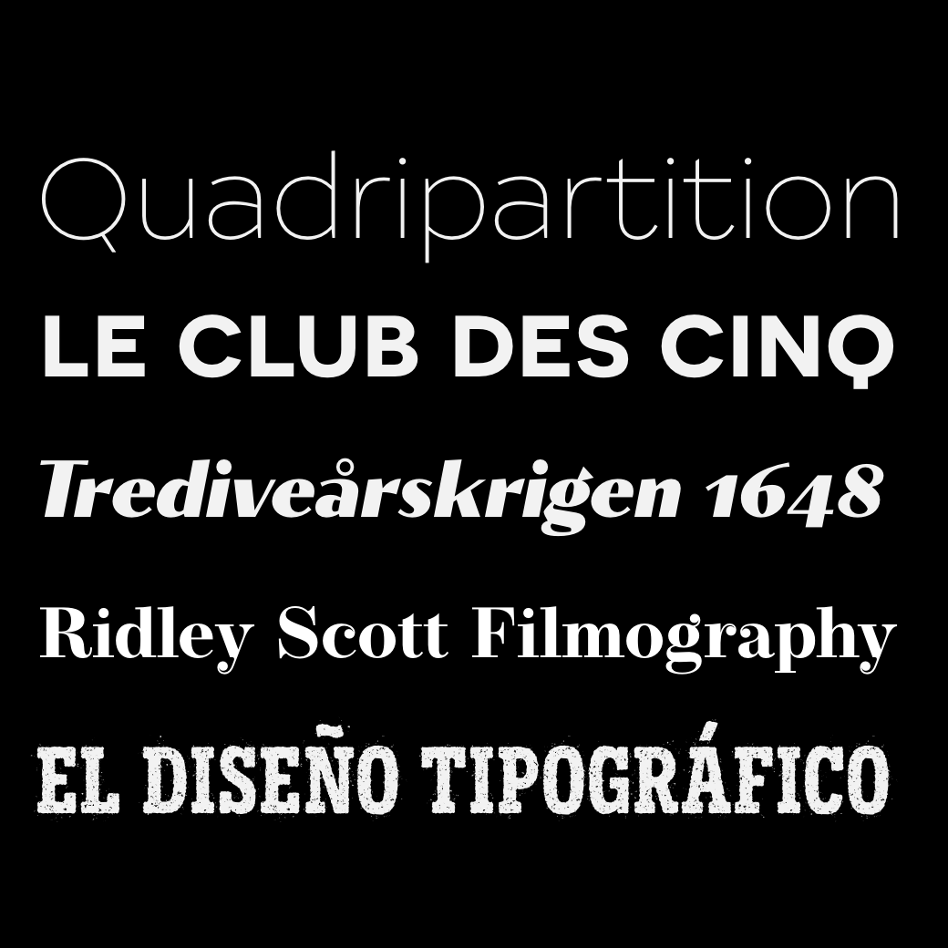 A mixed specimen illustrating all the fonts made by Synthview type Design